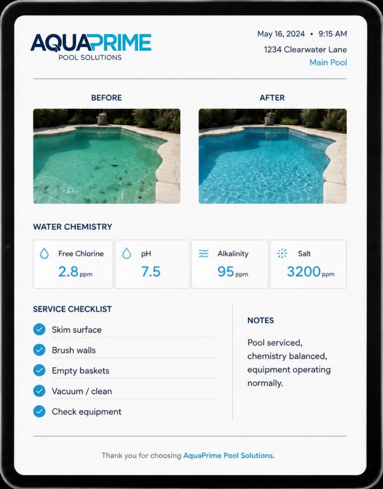 Pool Brain service report on iPad showing before/after photos, water chemistry readings and service checklist