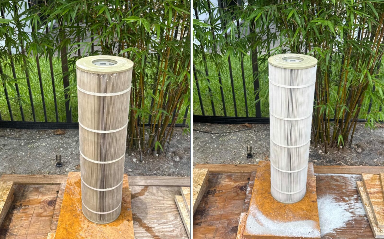 Before and after of a pool filter cartridge, heavily soiled then deep cleaned by AquaPrime technicians
