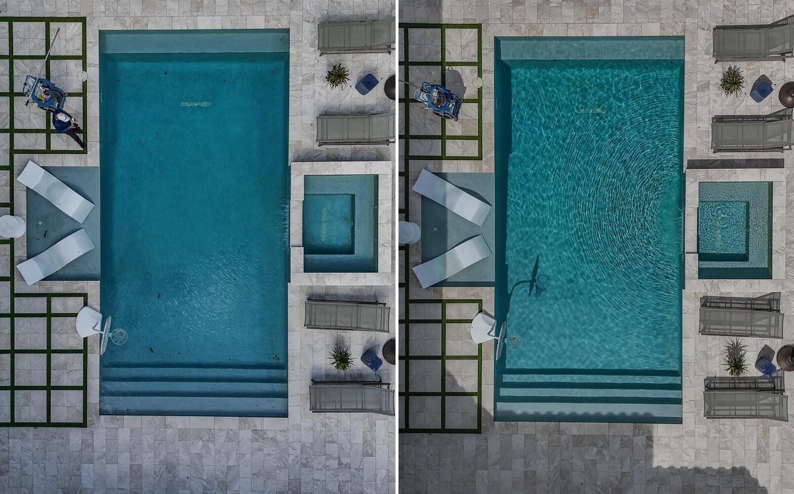 Aerial before and after view of a rectangular swimming pool and spa during weekly AquaPrime maintenance in South Florida